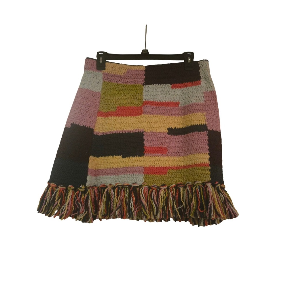 The Elder Statesman Crochet Patchwork Mini Skirt Multicolor Fringed Cotton M/L - Picture 2 of 4